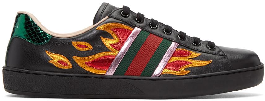 Gucci Leather Black Flames Ace Sneakers for Men - Lyst