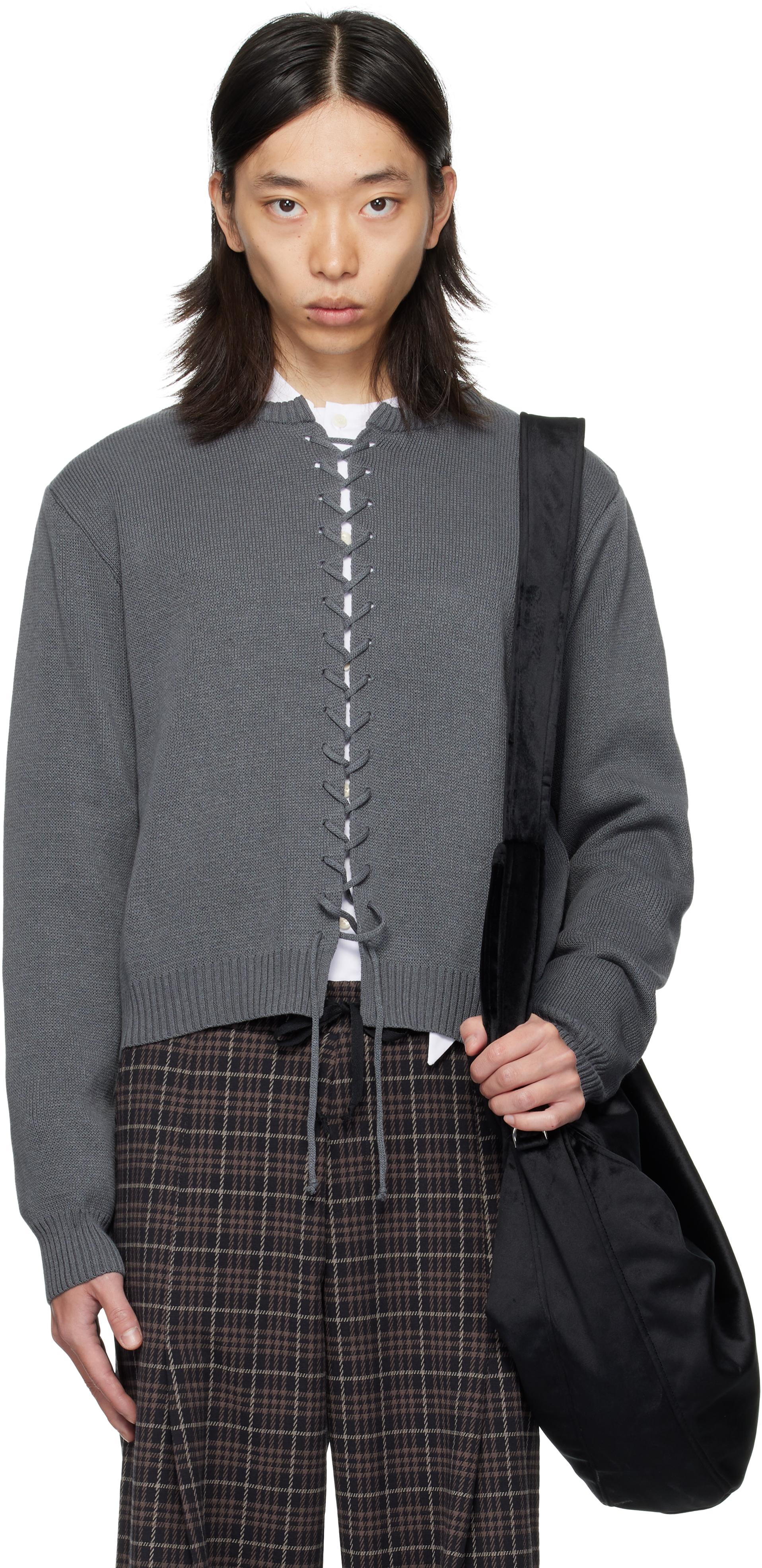 AV VATTEV Lace Up Knit Cardigan in Gray for Men | Lyst