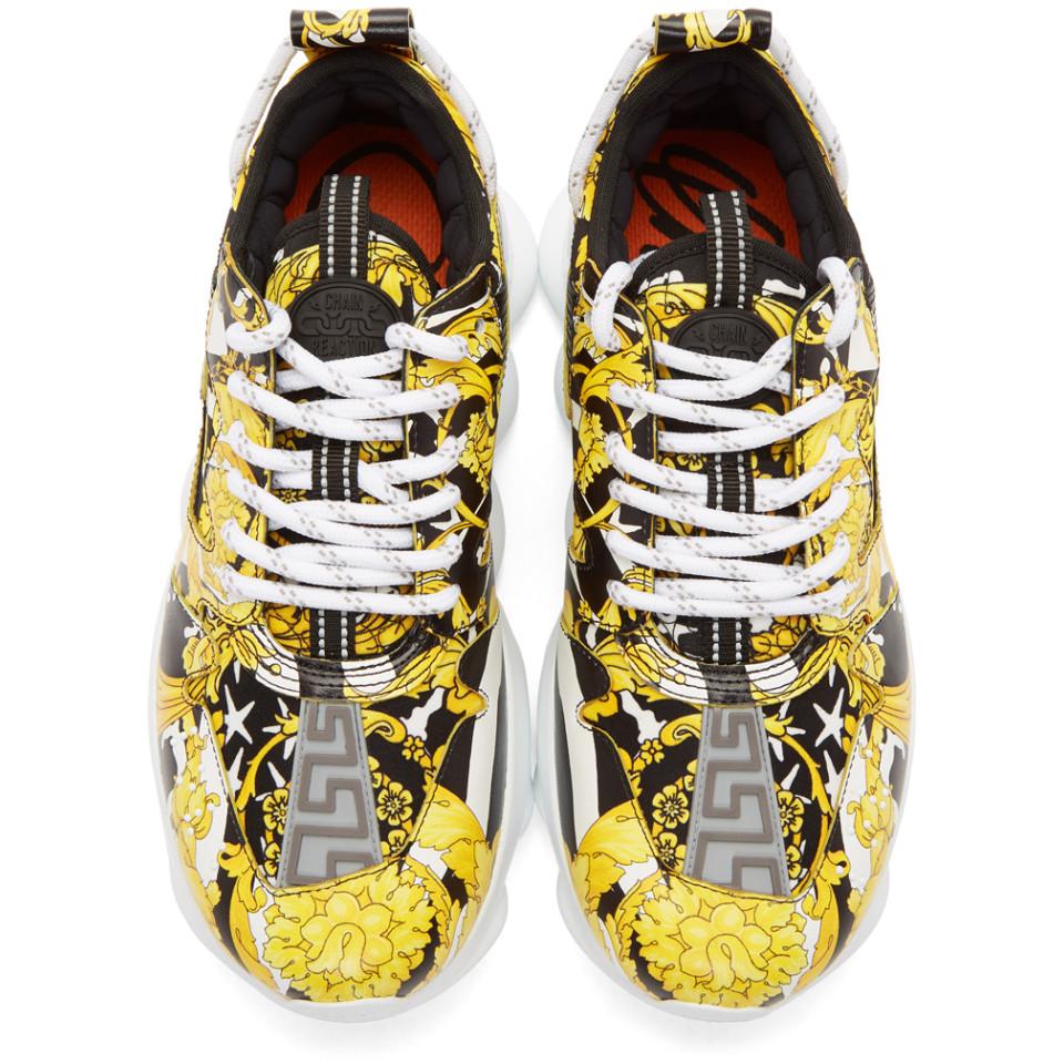 Versace Leather Yellow And Black Barocco Chain Reaction Sneakers 
