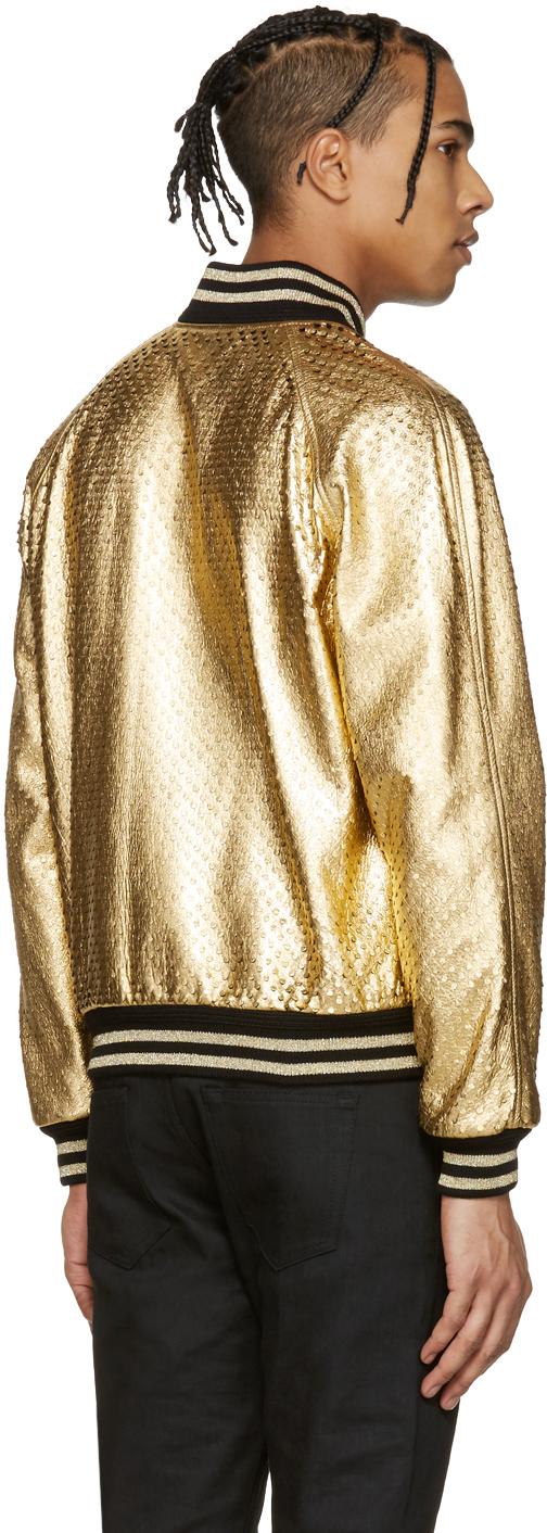 Saint Laurent Gold Perforated Leather Bomber Jacket in ...