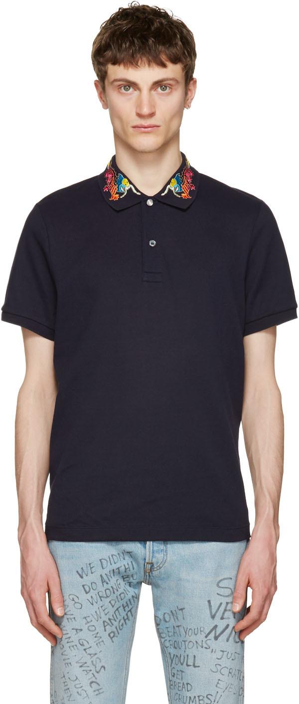 Gucci Navy Embroidered Polo in Blue for Men | Lyst