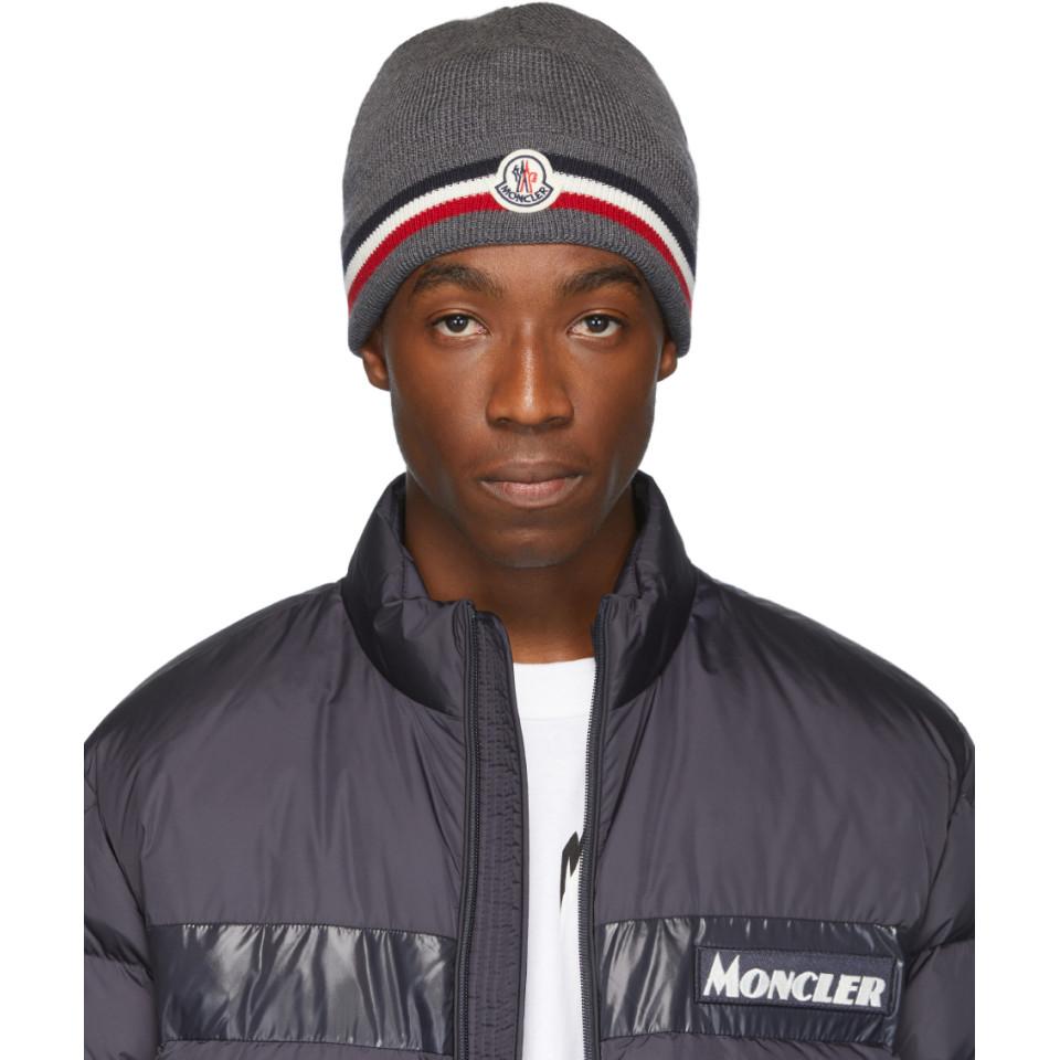 Moncler Wool Grey Logo Beanie in Gray for Men - Lyst