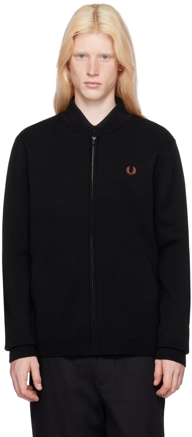 Fred Perry メンズ ブラック F Perry ロゴ刺繍 カーディガン セーター 