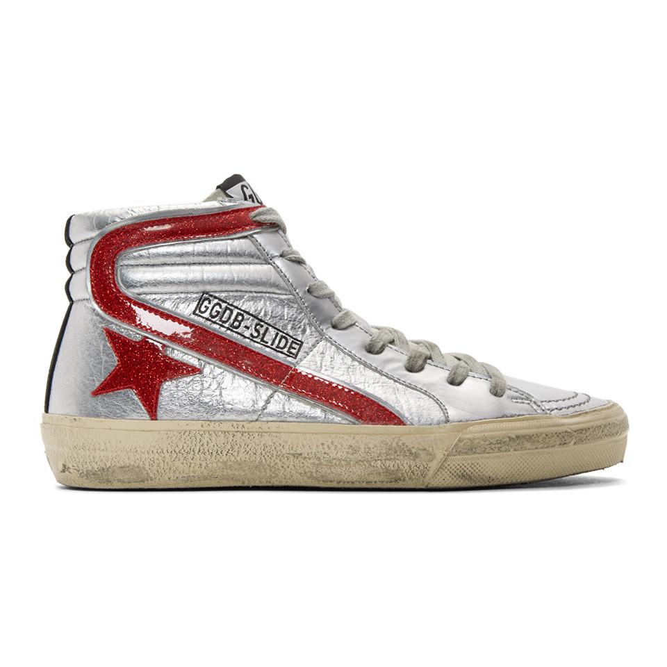 Golden Goose Silver And Red Glitter Slide High-top Sneakers in Metallic |  Lyst