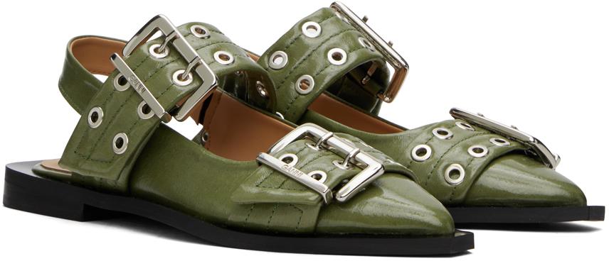 Ganni レディース ブラック カーキ Feminine Buckle フラットシューズ 