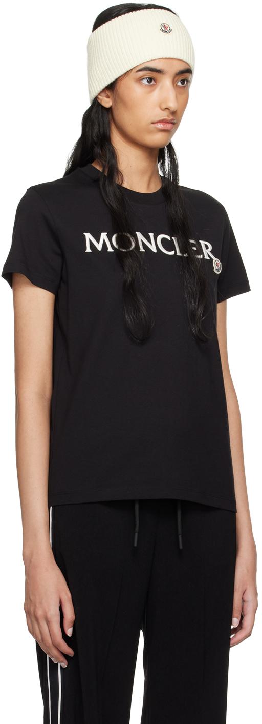 Moncler レディース ブラック ロゴ刺繍 Tシャツ トップス