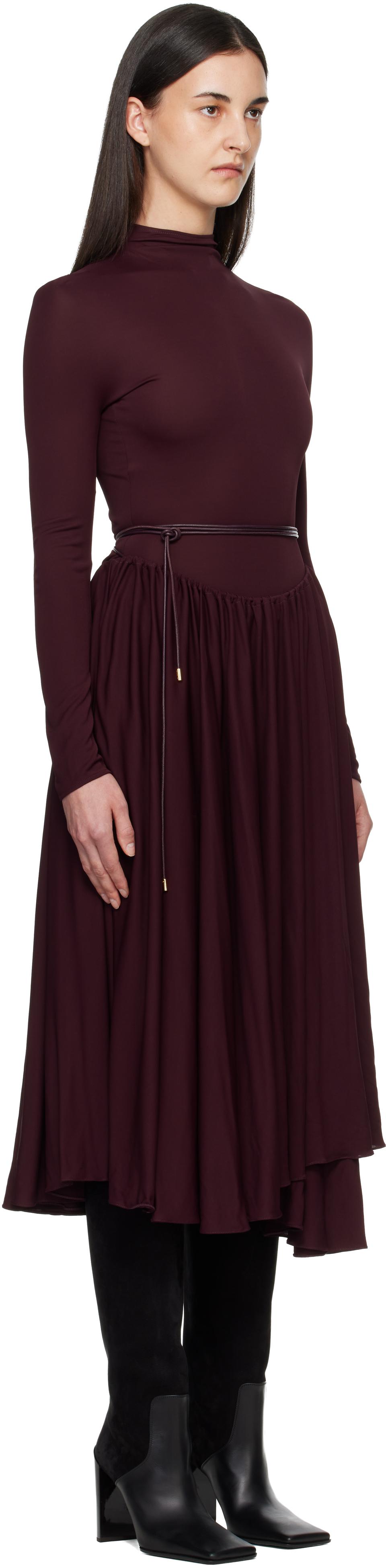 slim fit dress slacks Burgundy Wool Midi Dress – Long Sleeve Fit and Flare Winter Burgundy / Xs main image 0