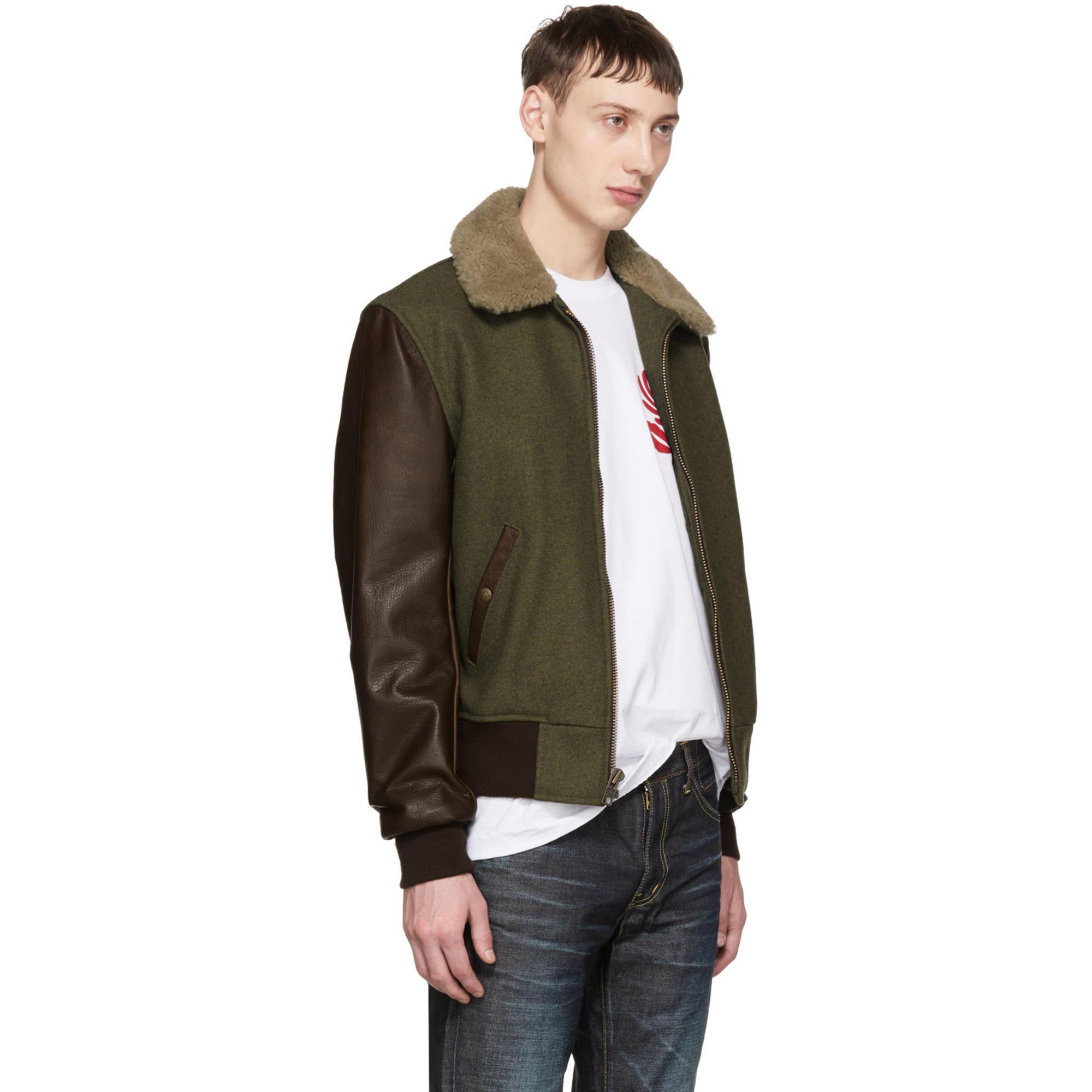 Schott Nyc Green Wool And Leather Er Jacket For Men