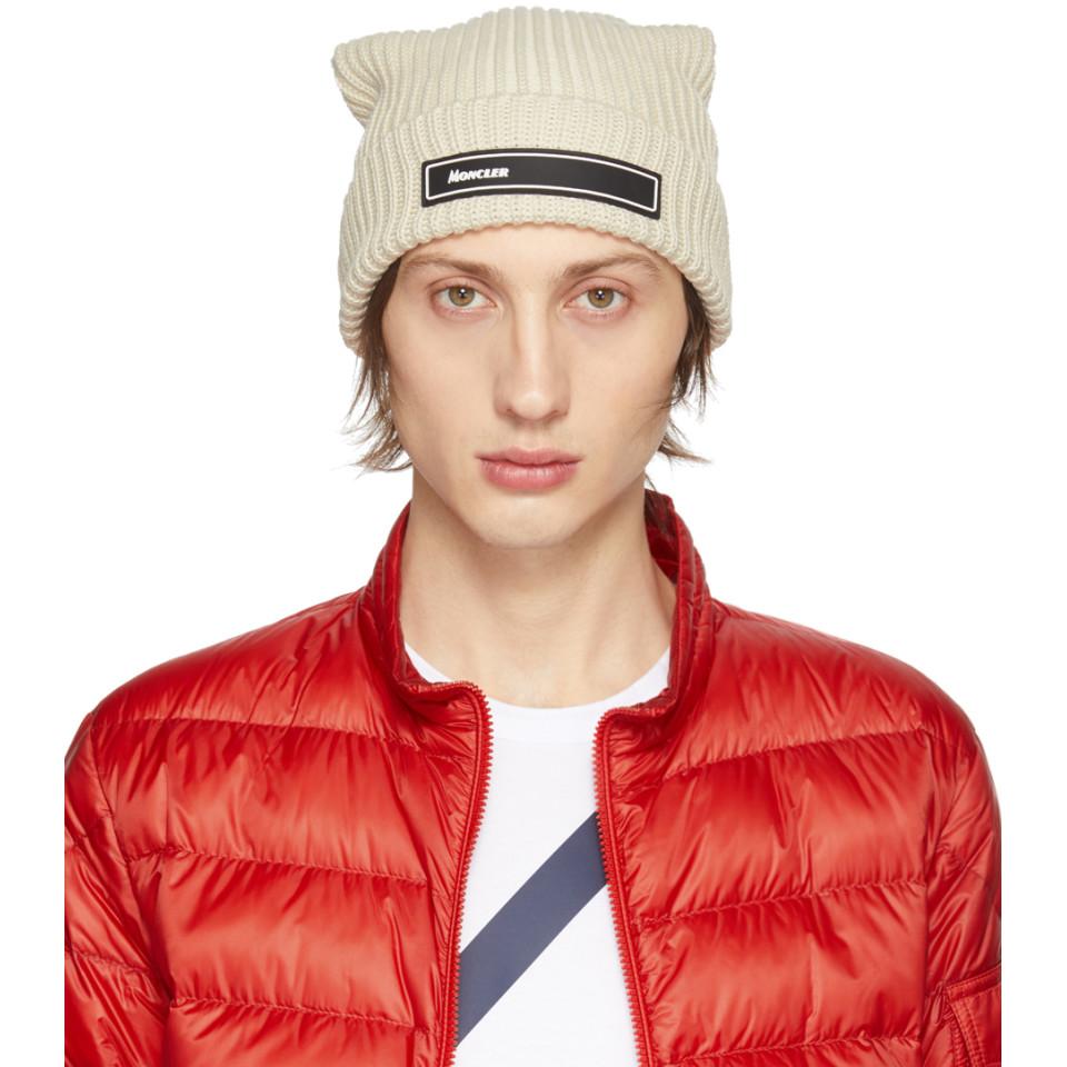 Moncler Cotton Off-white Knit Beanie in Beige (Natural) for Men - Lyst