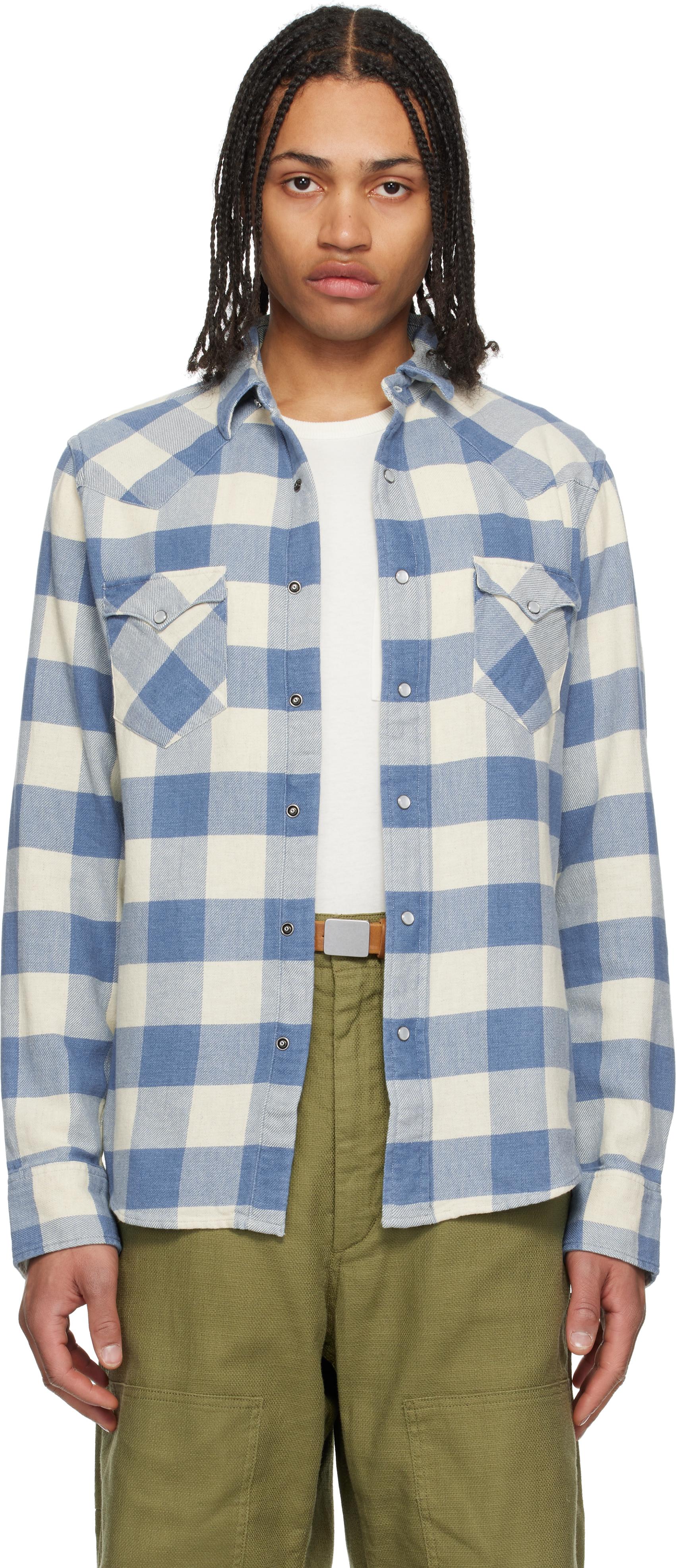 メンズ RRL ブルー＆ホワイト スリムフィット プレイド ツイル