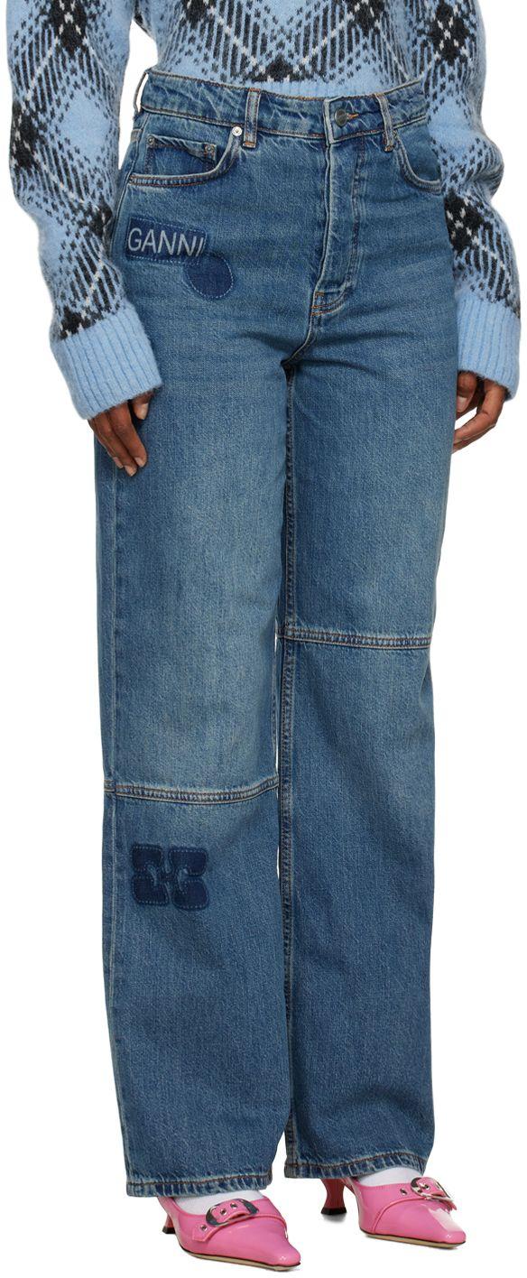 【関税込み】GANNI ブルー Izey ストライプ ジーンズ Mid Blue Stone Blue Foil Izey Jeans | GANNI US