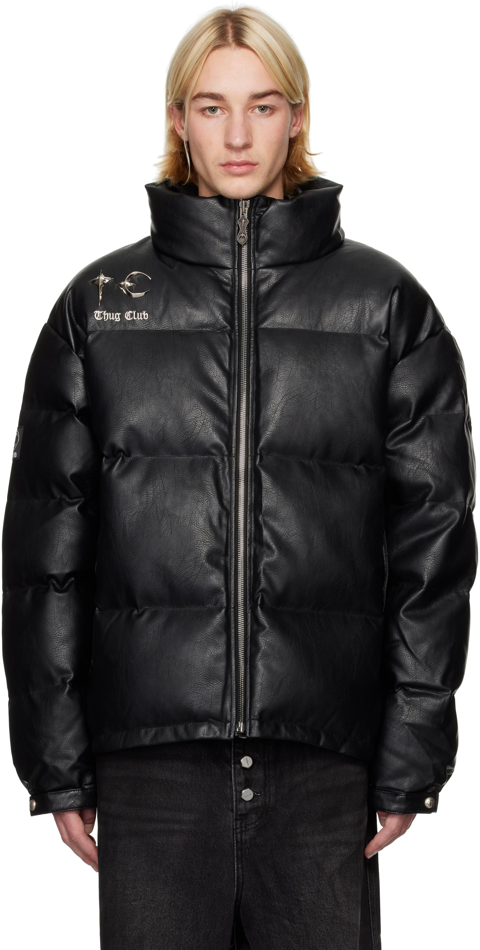 【正規品】thug club ダウンジャケット ブラック Sサイズ レザー メンズ THUG CLUB ブラック フェイクレザー パファー ダウン