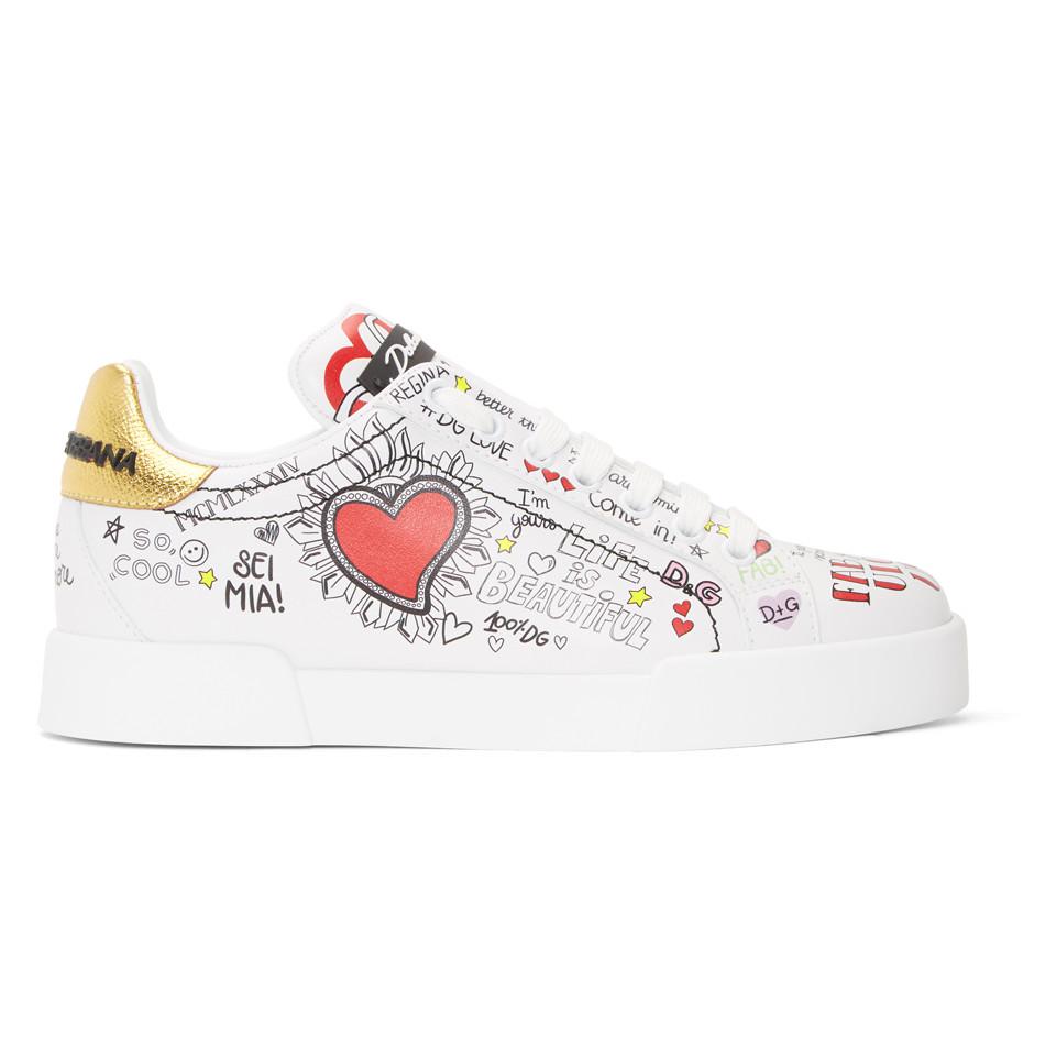 Dolce & Gabbana Leather White All Over Graffiti Sneakers | Lyst