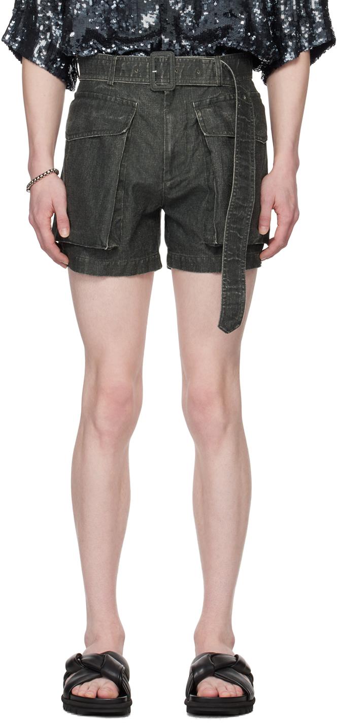 Dries Van Noten メンズ ブラック グレー ベルト ショートパンツ 