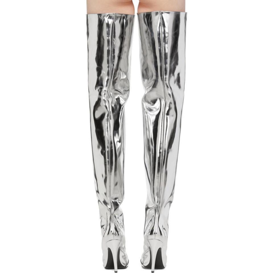 par Mount Bank Kommerciel Balenciaga Silver Mirror Heeled Over-the-knee Boots in Metallic | Lyst