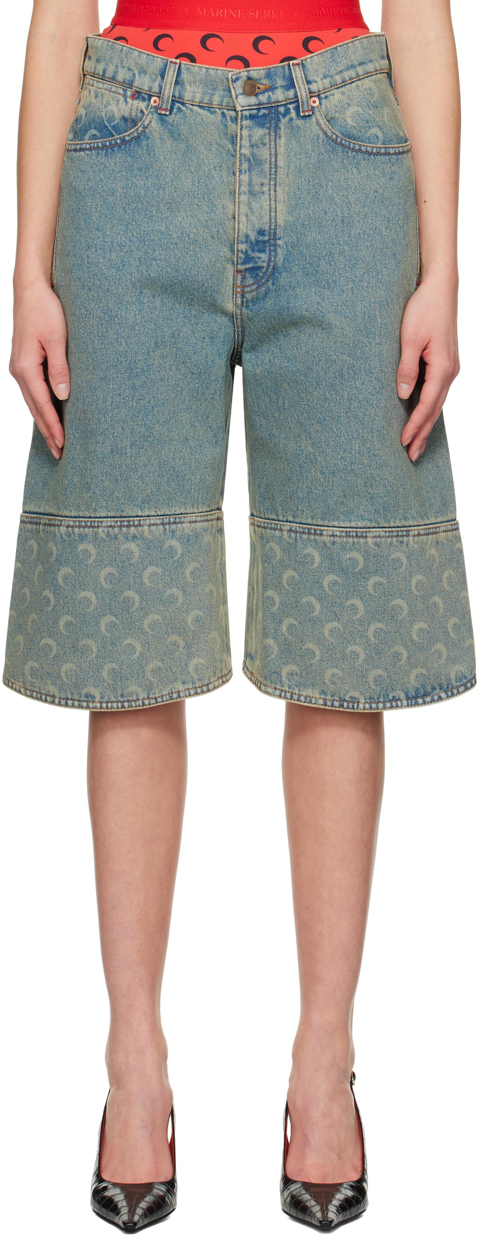 Marine Serre Moon Laser Denim Shorts in Blue | Lyst