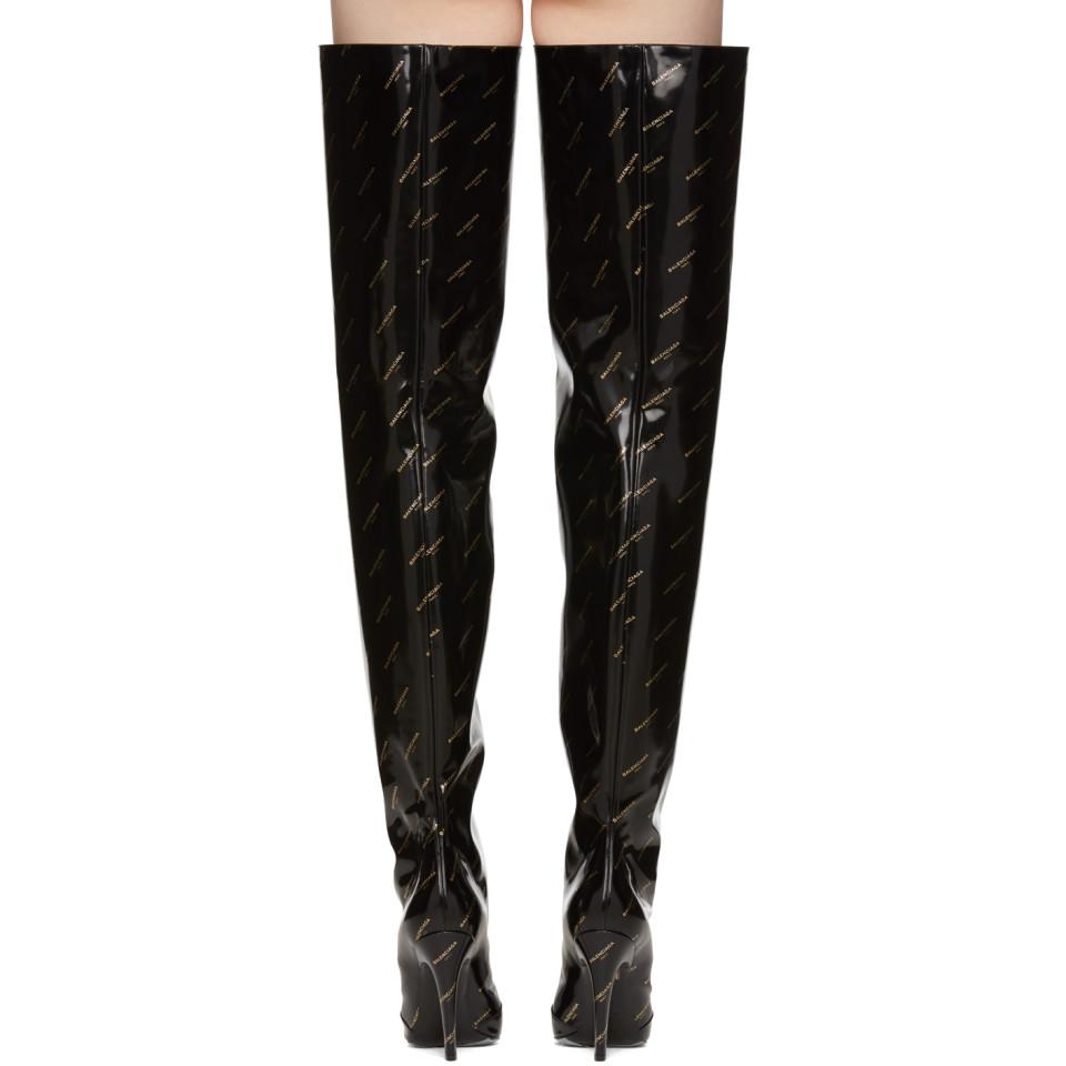 Balenciaga Black Patent All Over Logo Heeled Over-the-knee Boots | Lyst