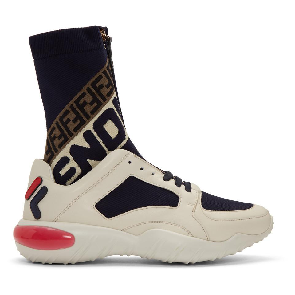 fendi White And Navy Mania Sock Sneakers