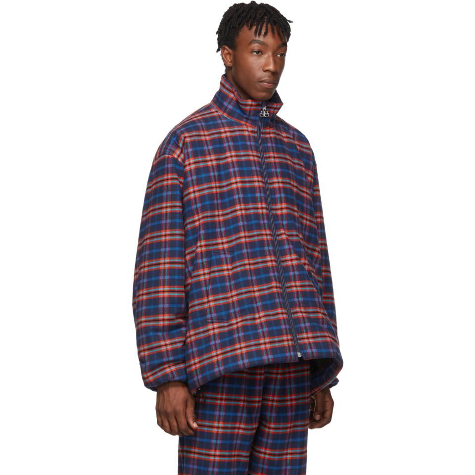 Balenciaga Blue And Red Check Flannel Quilted Zip-up Jacket for Men | Lyst