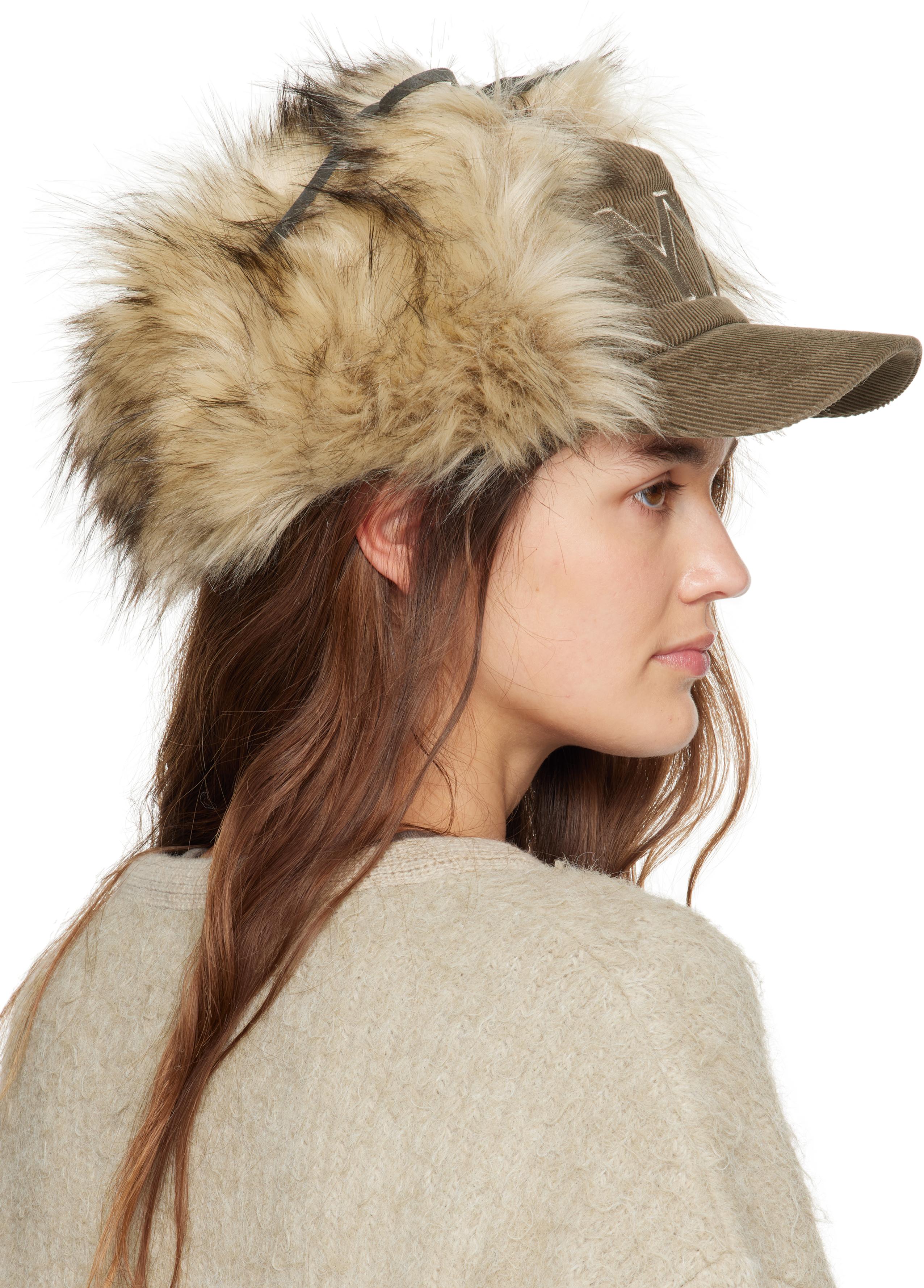 OPEN YY カーキ＆ベージュ フェイクファー コーデュロイ イヤー