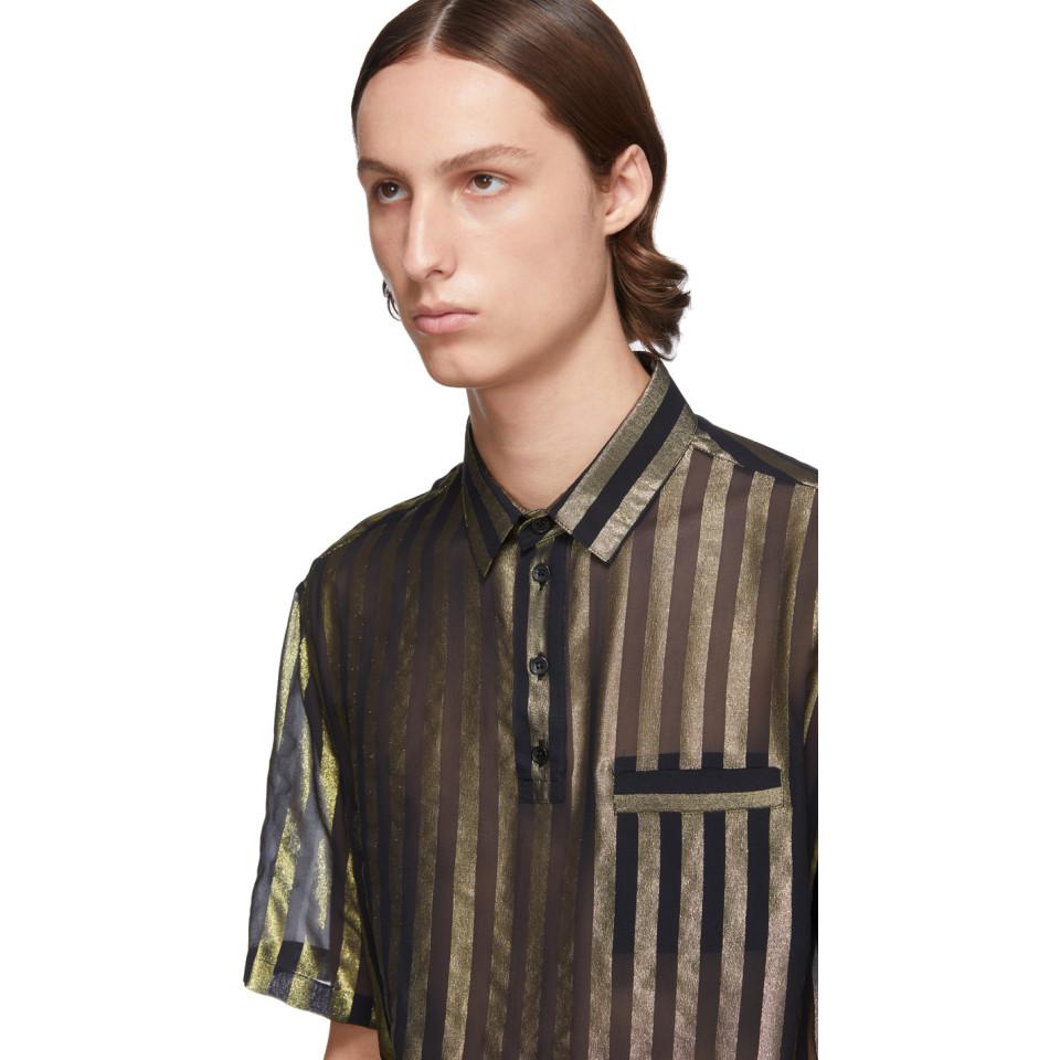 Saint Laurent Black And Gold Silk Lame Stripes Polo Shirt for Men