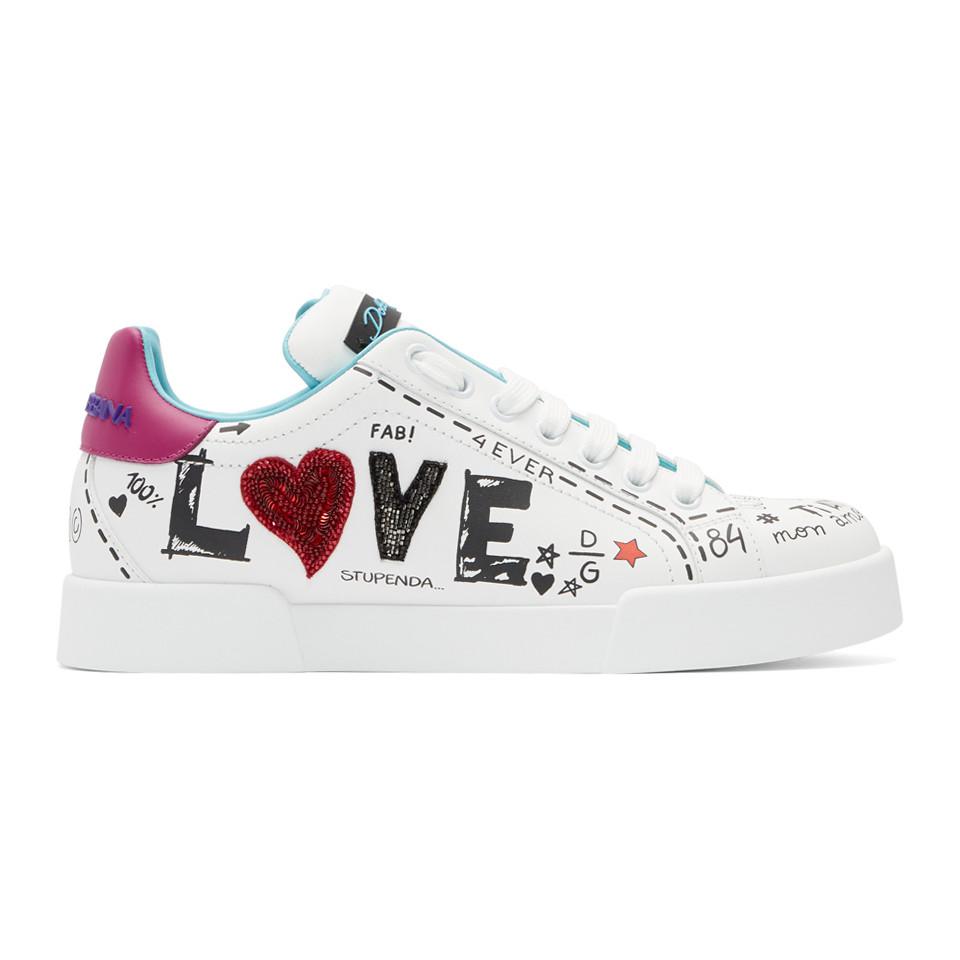 Dolce & Gabbana Leather Love Graffiti Logo Sneakers in White - Lyst