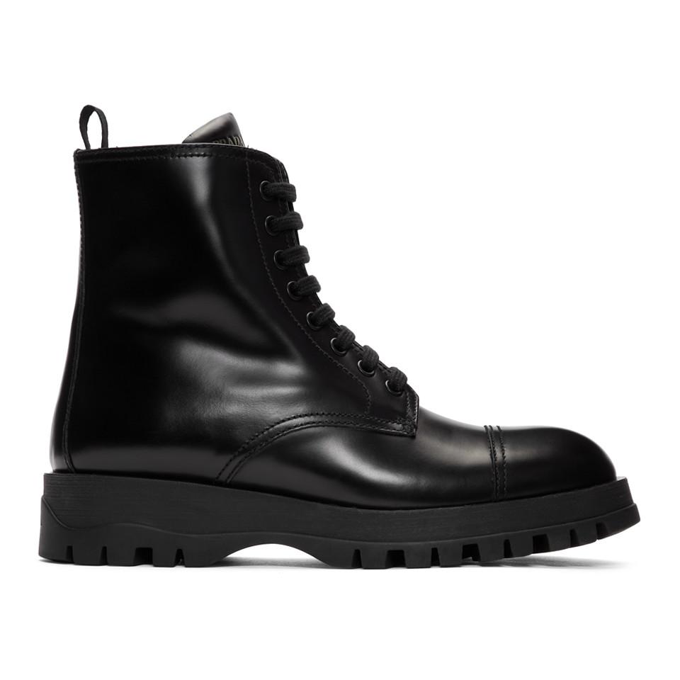 Prada Leather Black Combat Boots - Lyst
