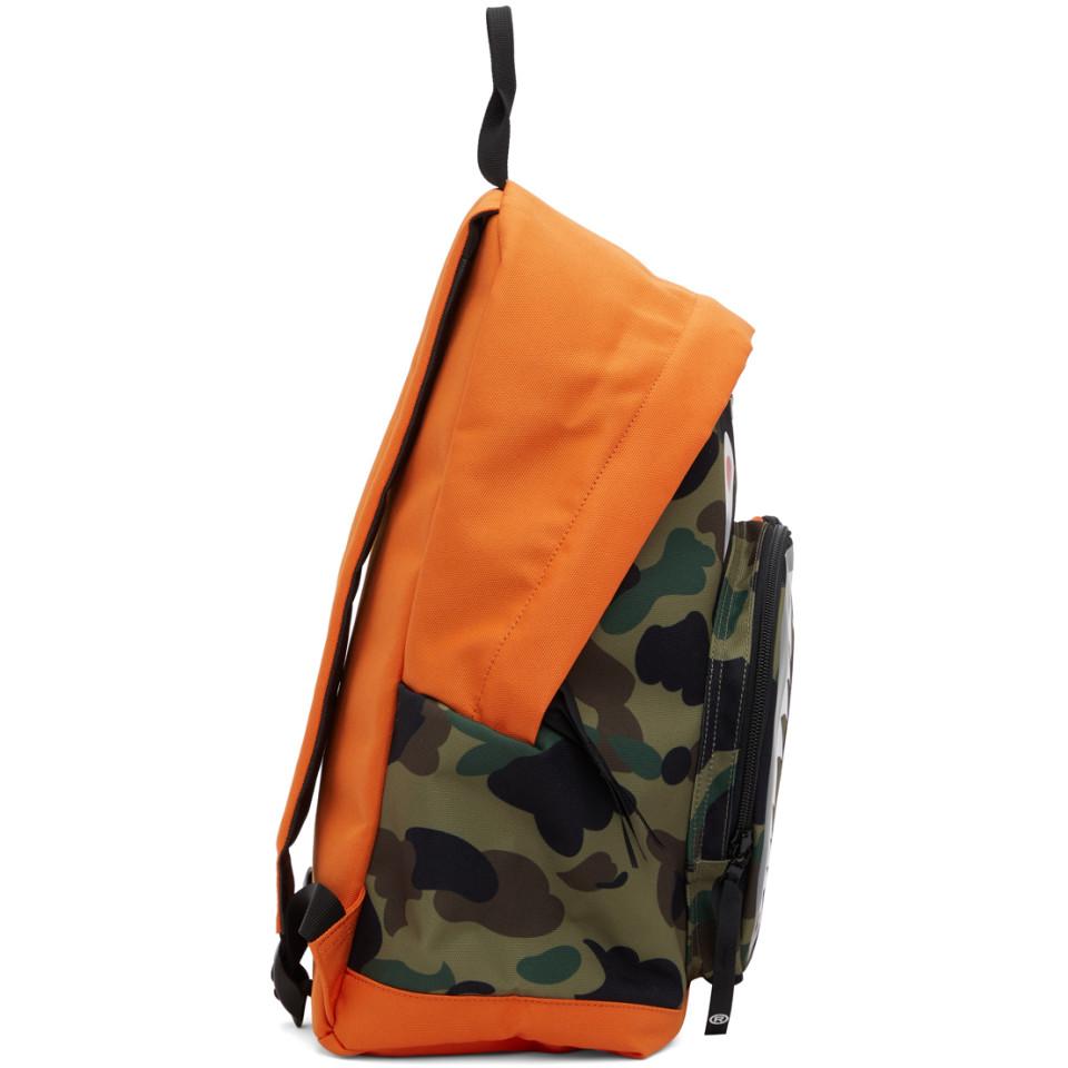 A Bathing Ape Canvas Orange And Khaki Camo Shark Day Backpack for Men | Lyst