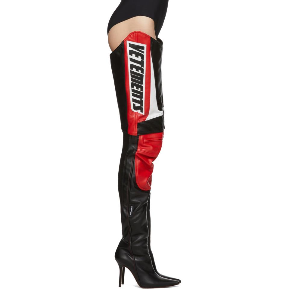 Vetements Leather Black And Red Motorcycle Cuissardes Boots | Lyst