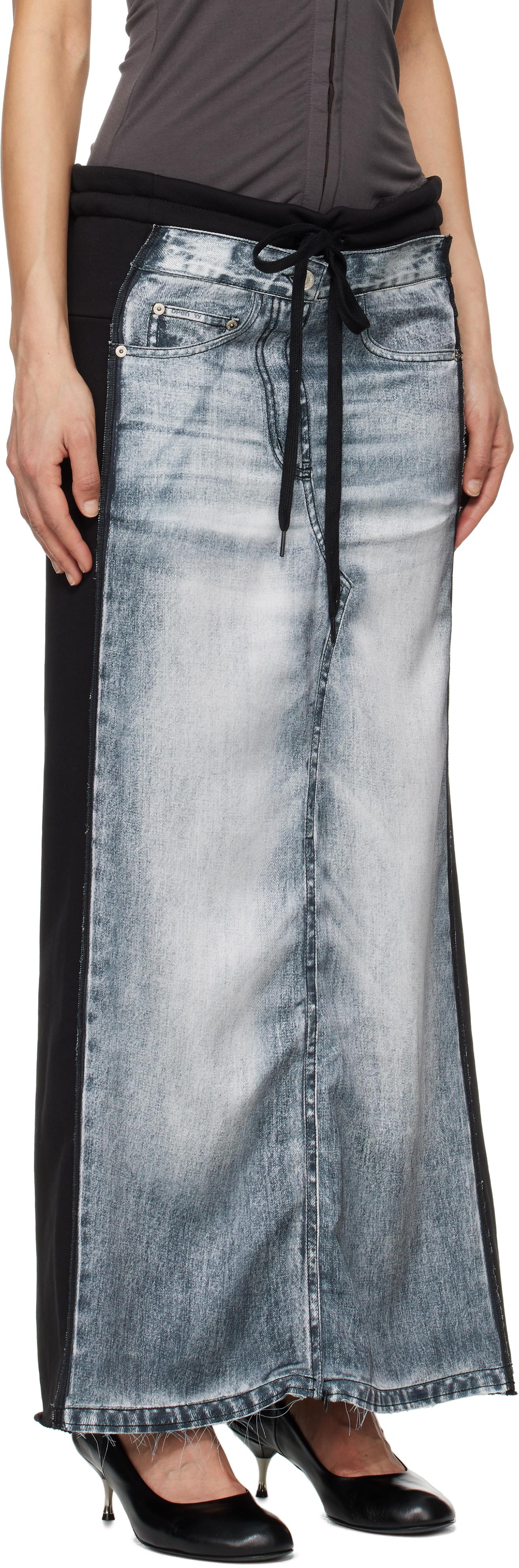 OPEN YY Front Jean Effect Jersey Maxi Skirt in Black | Lyst UK
