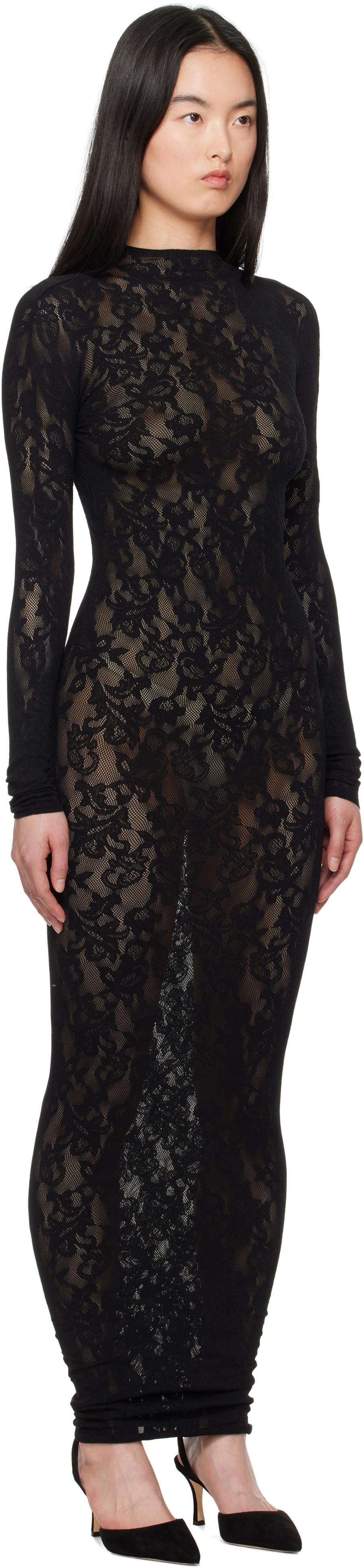 black long sleeve lace turtleneck dress Backless Black Lace Long Sleeve Turtleneck Dress Seduction M / Black