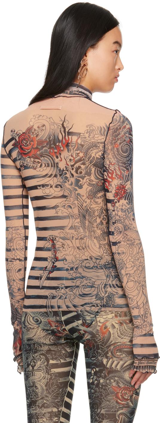 JEAN PAUL GAULTIER ブラウン ストライプ タートルネック Jean Paul Gaultier Vintage Black Beige Dot Mesh Stripe Knit