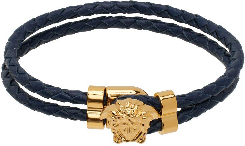 Versace Navy Medusa Leather Bracelet in Blue for Men Lyst