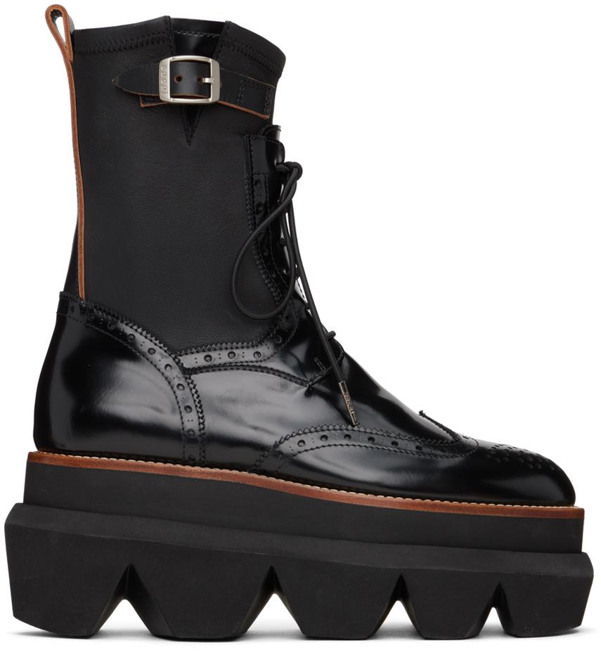 靴 sacai Wingtip Engineer Boots Sacai Leather Wingtip Engineer Sock Boot in Black | Santa Fe