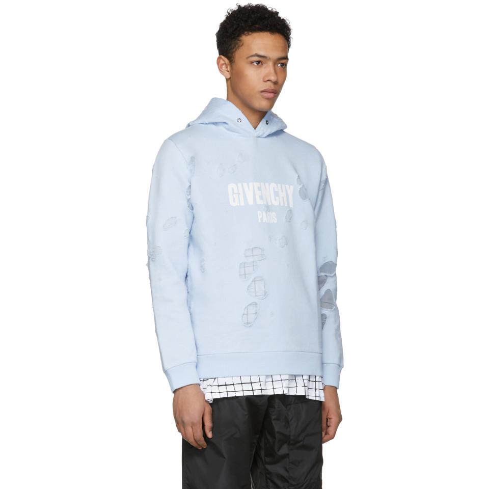 Givenchy Blue Distressed Logo Hoodie for Men | Lyst