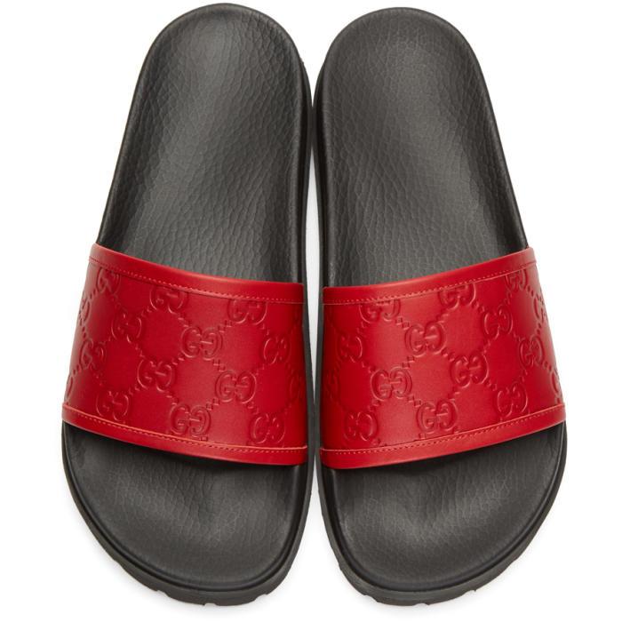 red and brown gucci slides