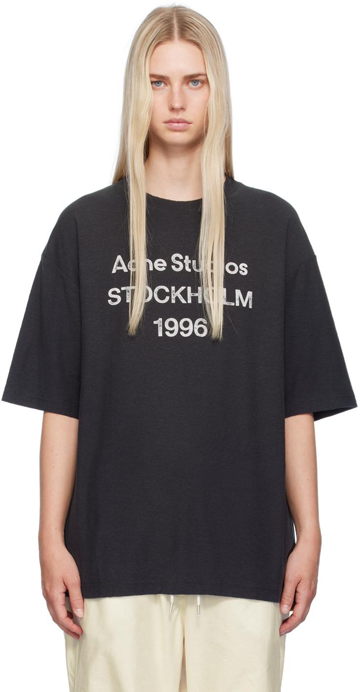 Acne Studios レディース ブラック ロゴプリント Tシャツ トップス Acne Studios レディース ブラック ロゴプリント Tシャツ トップス