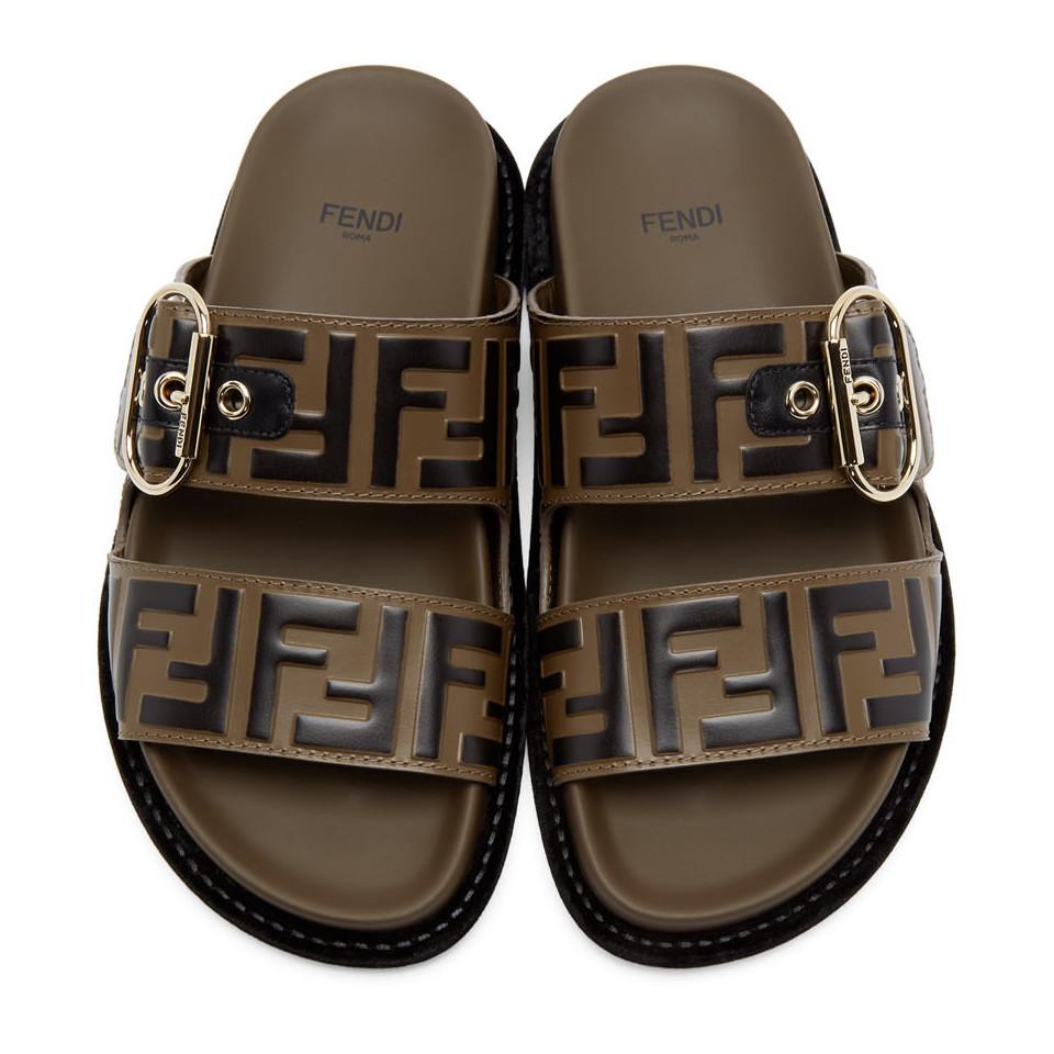 Fendi Leather Brown And Black Forever Sandals | Lyst