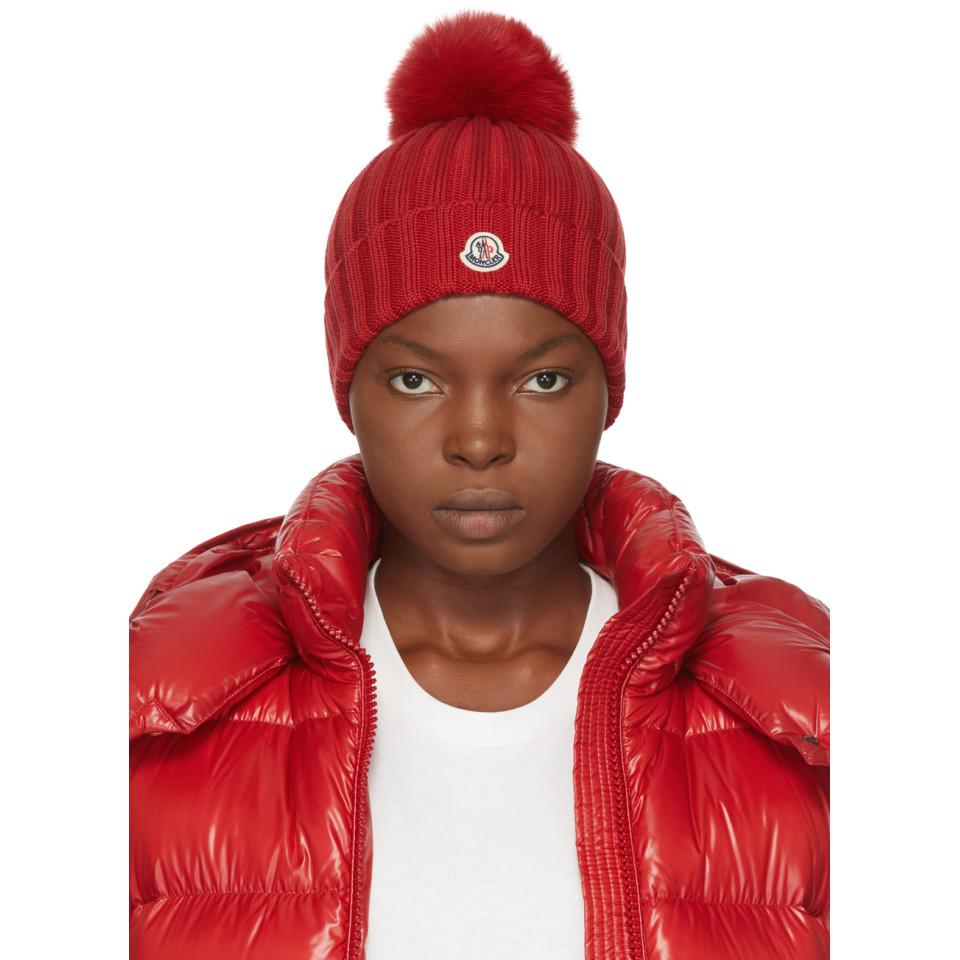 Moncler Fur Pom-pom Logo Knit Beanie in Red | Lyst