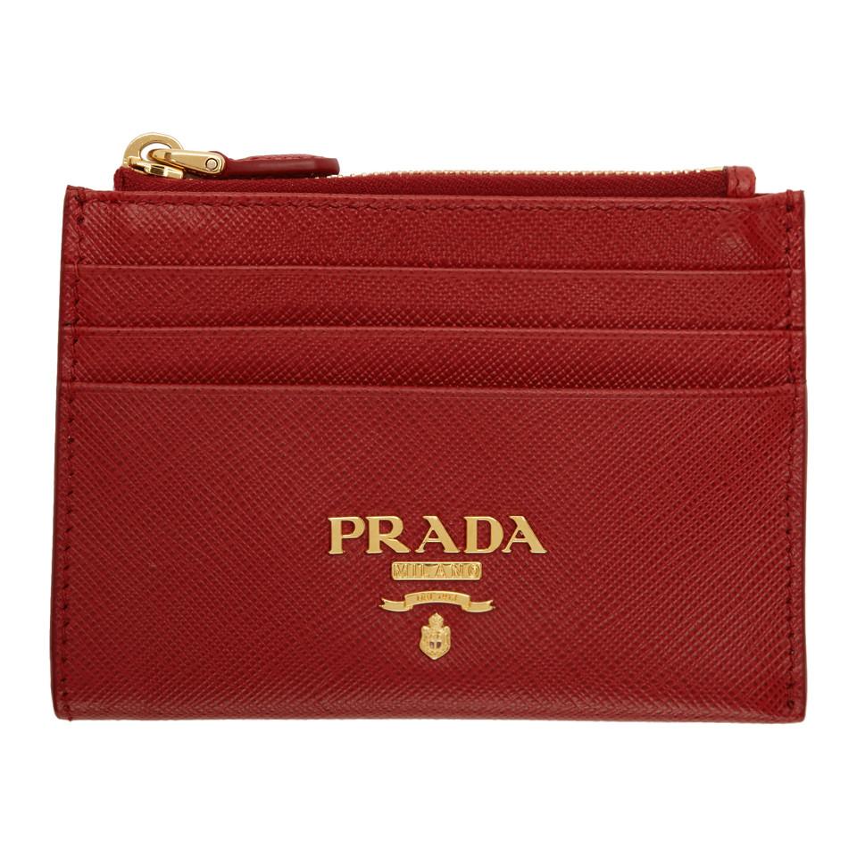 Prada Leather Red Saffiano Zip Card Holder | Lyst