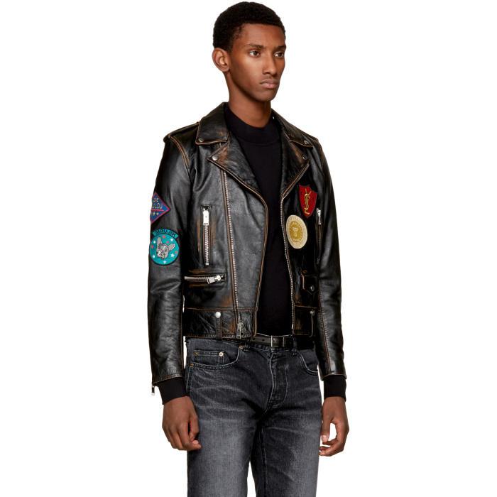 Saint Laurent Black Leather Multi-patch Motorcycle Jacket for Men | Lyst