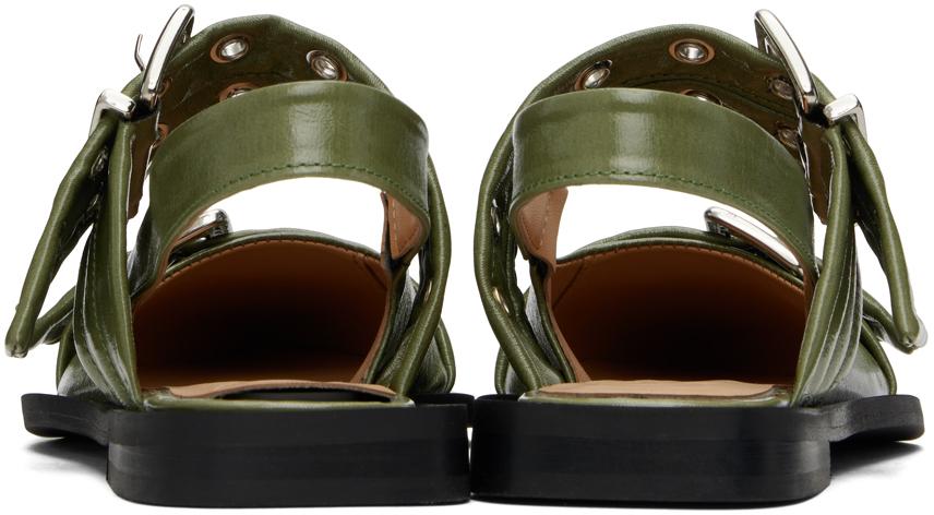 Ganni レディース ブラック カーキ Feminine Buckle フラットシューズ 