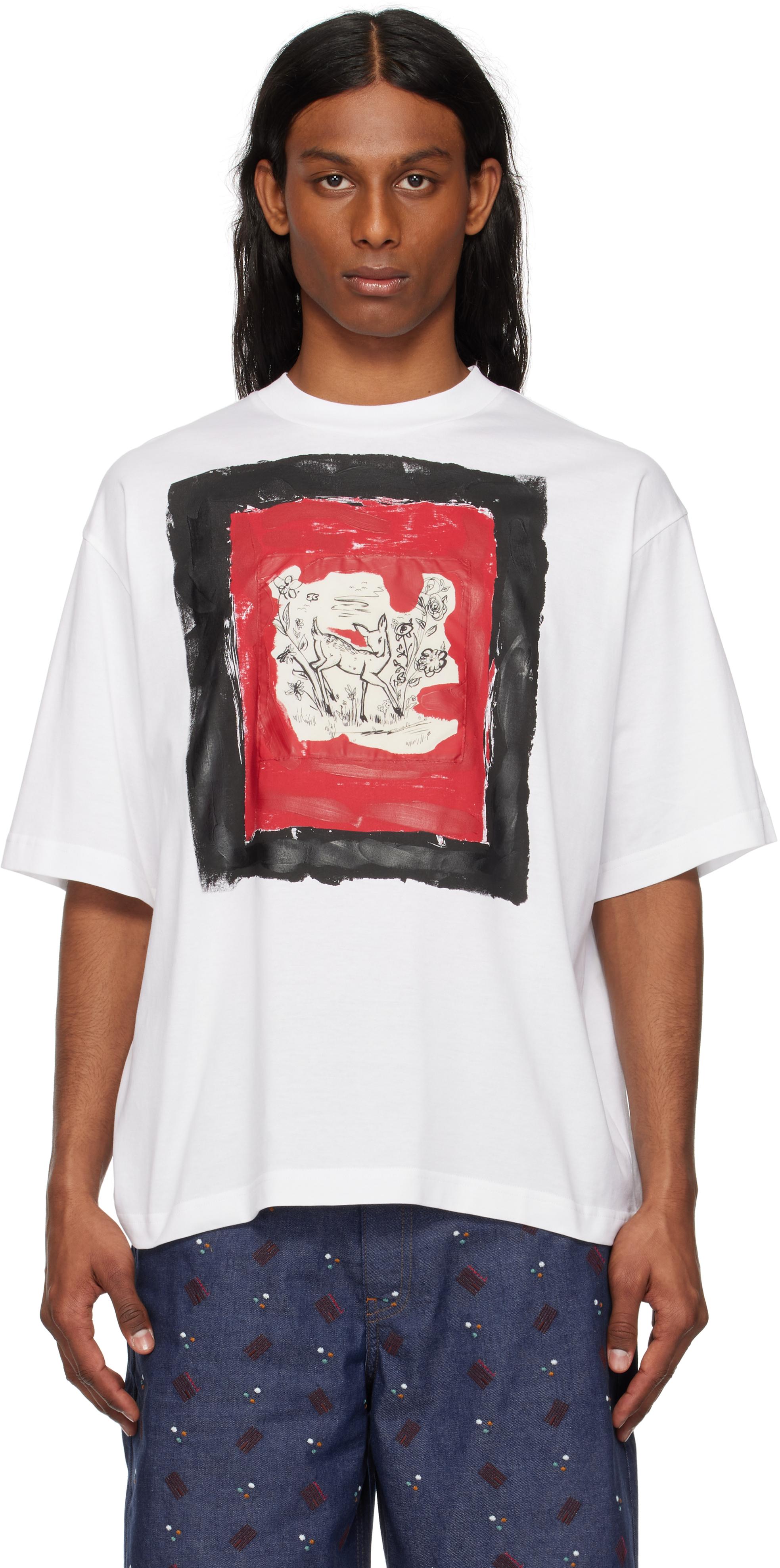 【関税込み】Marni ホワイト Fawn Print コットン Tシャツ ホワイト コットン製T-シャツ、Fawn プリント | Marni