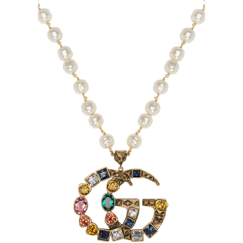 Gucci Gold Crystal And Pearl Pendant Necklace in Metallic | Lyst