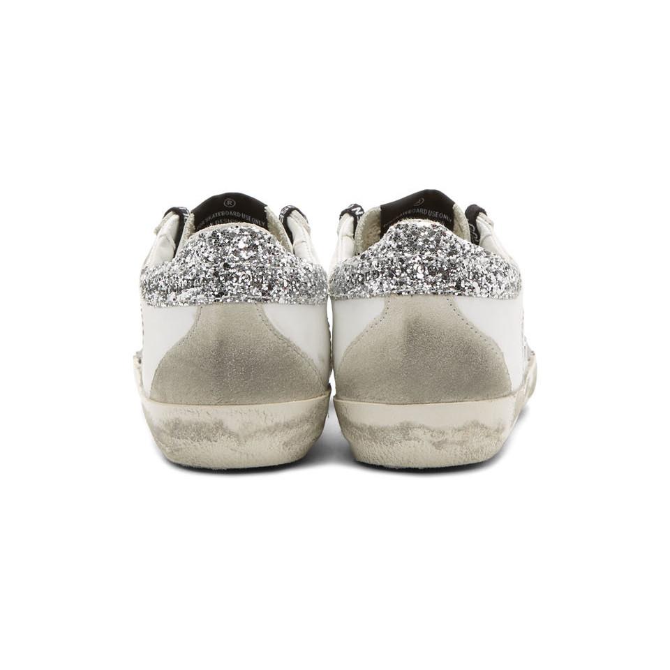 white & silver glitter tab superstar sneakers