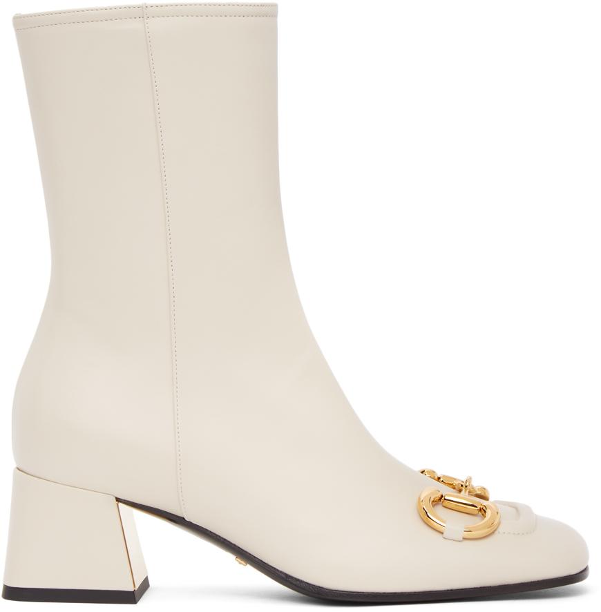 Gucci Off- Horsebit Mid Heel Ankle Boots in White | Lyst