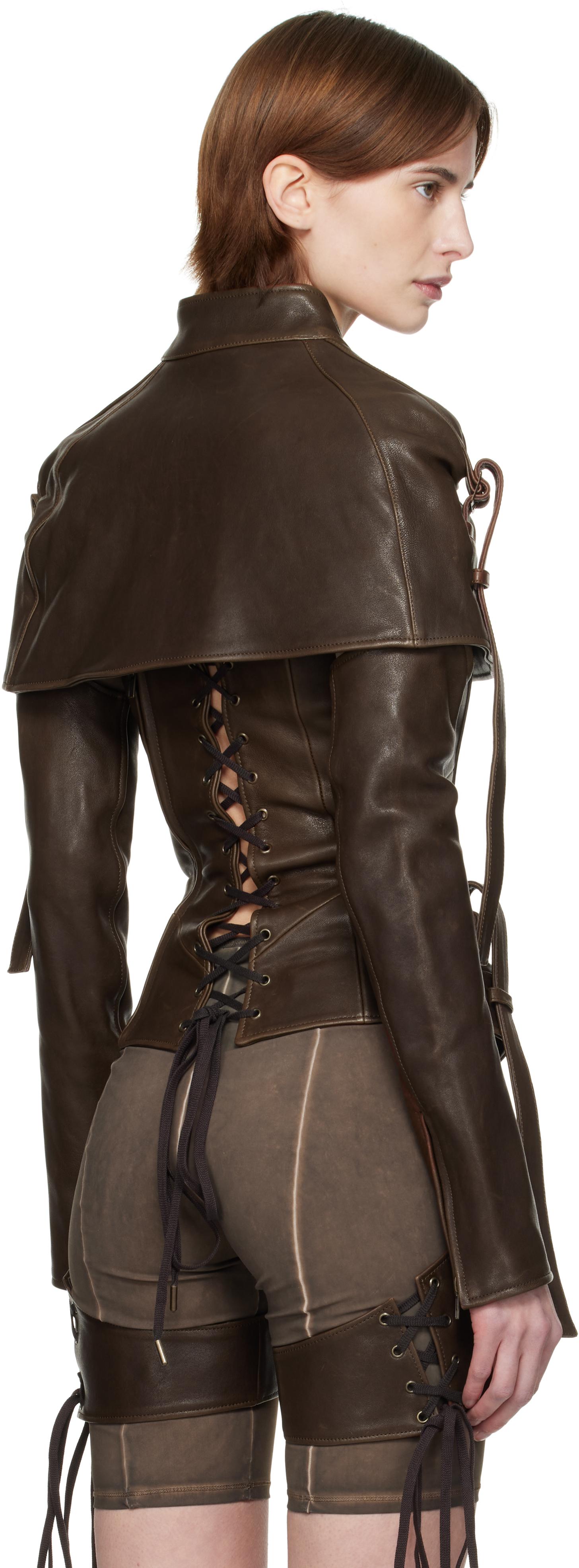 【正規店出品】KNWLS SS25 VEIL LEATHER CAPE BROWN BURN Brown Veil Leather Cape Jacket by KNWLS on Sale
