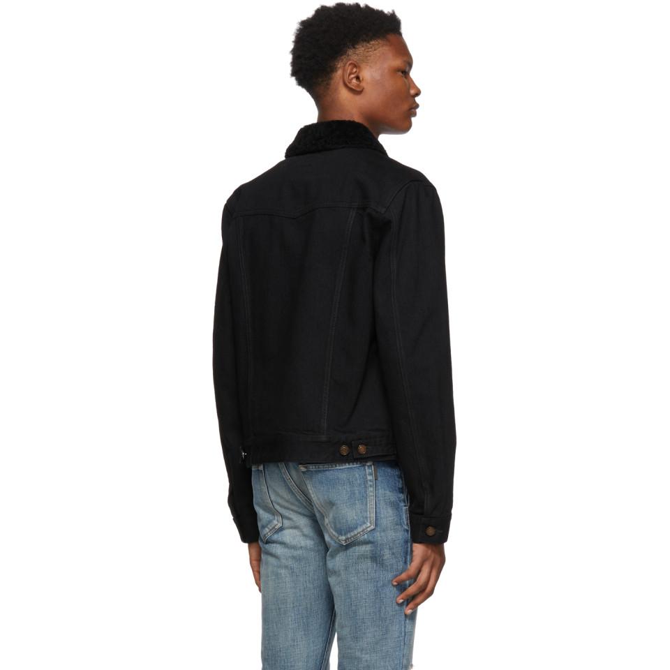 Black Shearling Denim Jacket for Men 