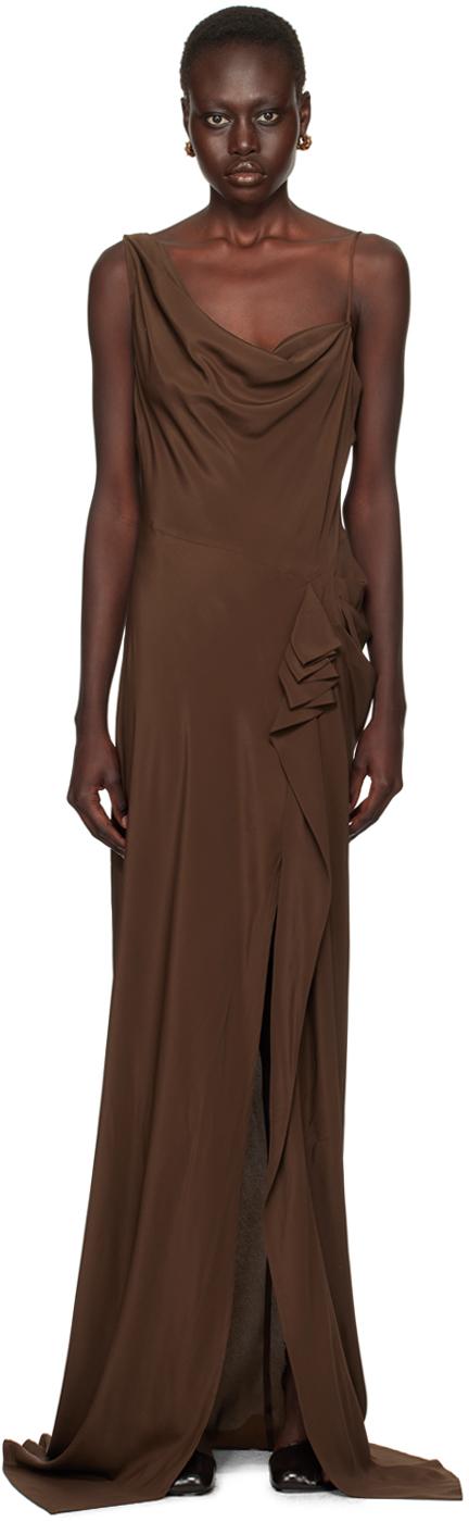 Dries Van Noten レディース ブラック ブラウン ラッフル マキシドレス 