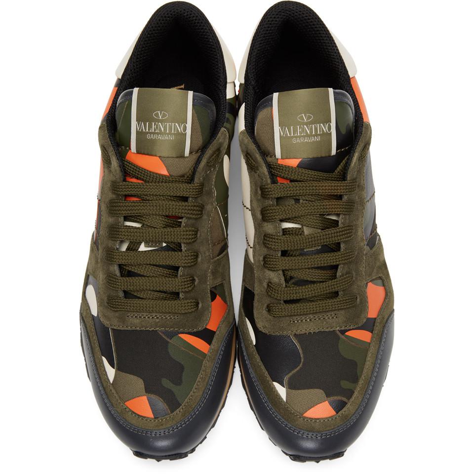 Valentino Canvas Green & Orange Camo Rockrunner Sneakers for Men 